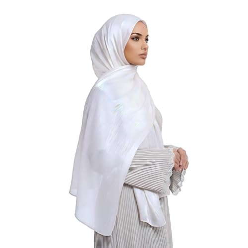 Organza Sheen Shimmer Crepe Hijab Scarf for Women Lightweight Sheer Shawl Wrap for Wedding and Evening Dresses - color: White