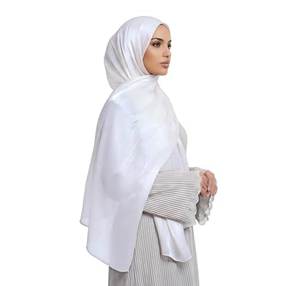 Organza Sheen Shimmer Crepe Hijab Scarf for Women Lightweight Sheer Shawl Wrap for Wedding and Evening Dresses - color: White