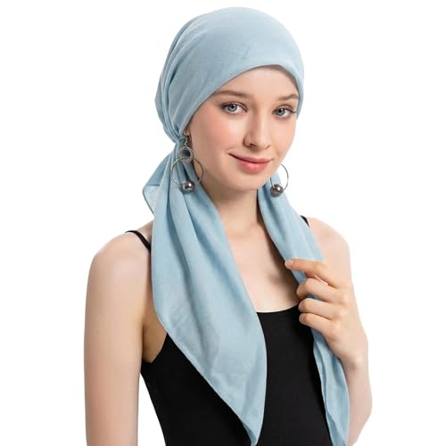 ZLYC Chemo Headwear Long Pre Tied Head Scarf Beanie for Women - color: Solid Light Blue