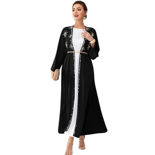 Muslim Abaya Long Sleeve Open Front Rhinestones Kaftan Cardigan Maxi Dress for Women with Belt - color: Black Cardigan, size: XX-Large