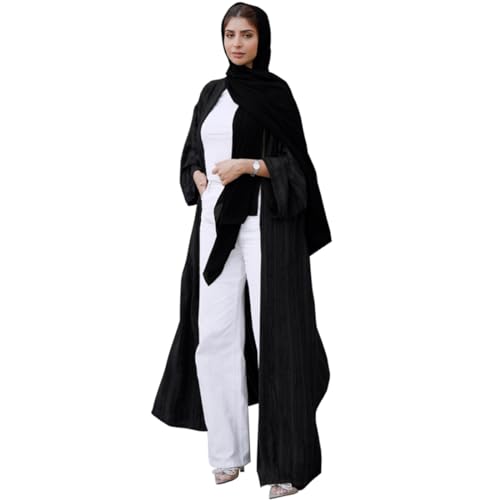 Womens Muslim Kimono Abaya Solid Striped Retro Ethnic Cardigan Robe Dubai Middle Eastern Saudi Arabia Eid Clothes - color: Black Cardigan + Hijab, size: Large