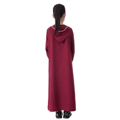 Kids Girls Abaya Muslim Eid Dress Gold Embroidered Lace Hooded Maxi Kaftan Robe Islamic Dubai Prayer Clothes - color: B-red, size: 12 Years