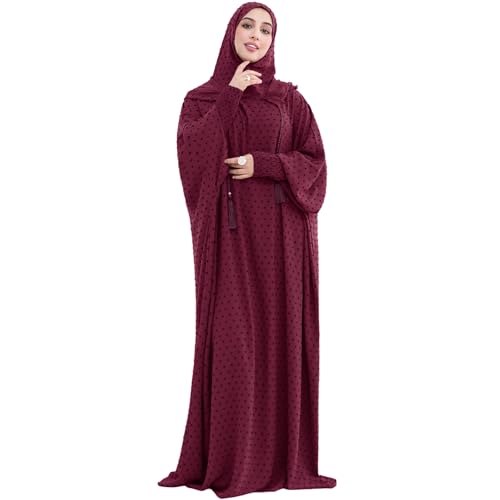 Upgraded Abaya Dress for Women 1PC Hoodie Polka Dot Modest Prayer Robe - color: Wine Red, size: Size 1