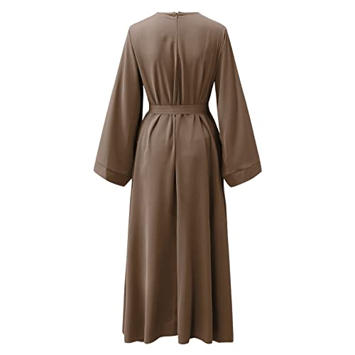 Casual Maxi Dresses for Women Long Sleeve Spring Pleated Flowy A Line Prayer Dress Muslim Dresses with Belt - color: Brown, size: Medium