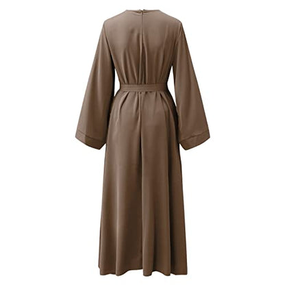 Casual Maxi Dresses for Women Long Sleeve Spring Pleated Flowy A Line Prayer Dress Muslim Dresses with Belt - color: Brown, size: Medium