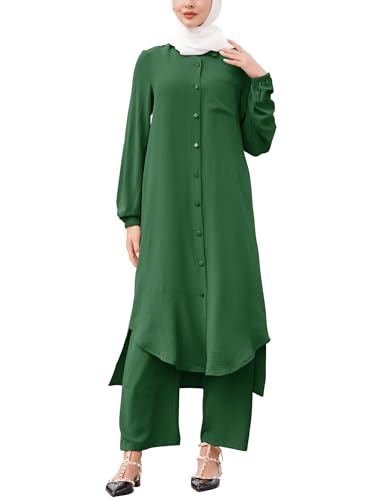 ODIZLI Women's Muslim 2 Pieces Sets Long Sleeve Button Down Shirt and Pants Abaya Casual Dress Dubai Outfits - color: Emerald Green, size: Small