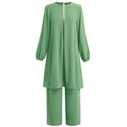 Abayas Dress For Women Muslim Long Sleeve Loose Top Pants 2 Pcs Dubai Islamic Muslim Women Matching Sets - color: Green B, size: Small