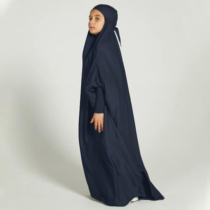 ODIZLI Muslim One Piece Prayer Hijab Dress Women Hooded Abaya Full Cover Islam Dubai Modest Robe - color: Dark Blue Kids, size: 12-13 Years