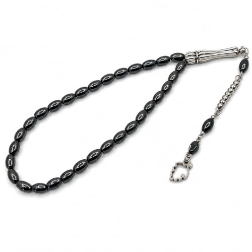 Perlin Muslim Prayer Beads 33 Bead Black Hematite Tasbih – Islamic Misbaha Subha Dhikr Beads with Mini 8 x 4 mm Oval Hematite Gemstone Beads, Ottoman Style Prayer Rosary with Metal Imam, 25 cm