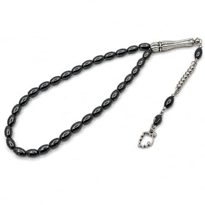 Perlin Muslim Prayer Beads 33 Bead Black Hematite Tasbih – Islamic Misbaha Subha Dhikr Beads with Mini 8 x 4 mm Oval Hematite Gemstone Beads, Ottoman Style Prayer Rosary with Metal Imam, 25 cm