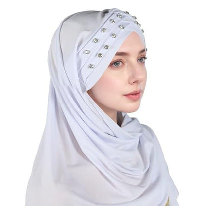 Muslim Head Scarf for Women Crystal Linen Rhinestone Cross Strap Turban Wrap Cap Elegant Breathable Sparkly Hijab - color: 10#_white
