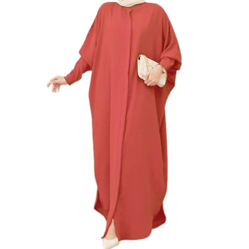 IKADEX Women Batwing Sleeve Abaya Button Loose Fit Long Maxi Muslim Dress Islamic Kaftan Prayer Robe - color: Rust Red