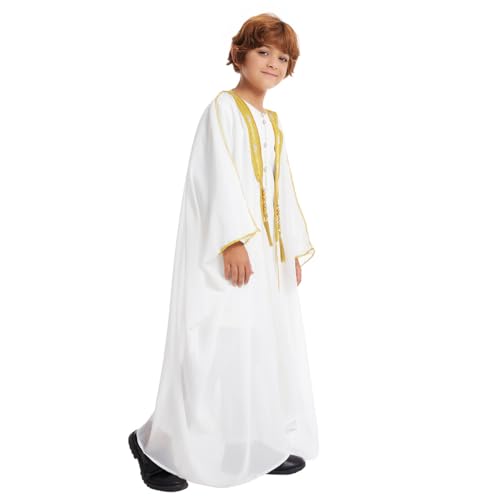IWEMEK Kids Abaya Arabic Thobe for Boys Muslim Robes Islamic Prayer Clothes Embroidered Chiffon Kaftan Cardigan Dubai Thobe - color: White, size: 5-7 Years