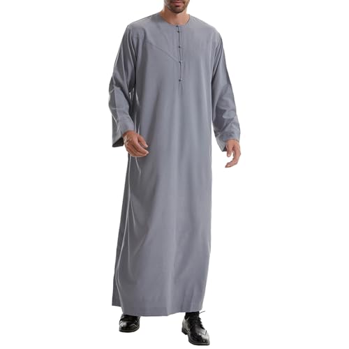 IKADEX Muslim Thobe for Men Islam Kaftan Long Sleeve Button Down Casual Henley Prayer Robe Clothing Dubai Arabic with Pockets - color: B-grey, size: Small