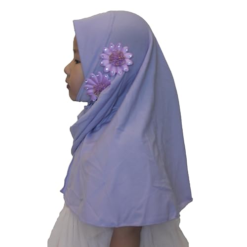 Soft Instant Hijab for Kids Girls Muslim Headscarf Islamic Scarf Shawl Wrap with Flowers - color: Lavander-2 Flowers