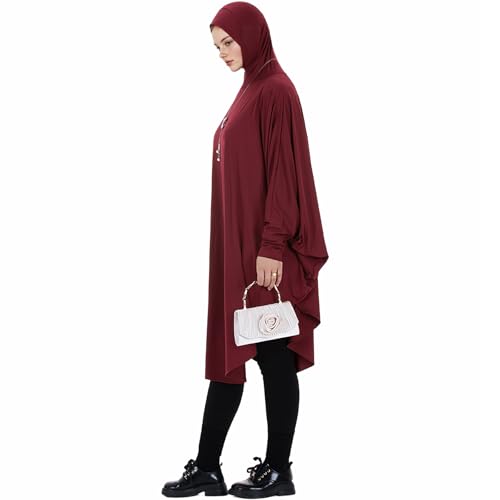 Muslim Abaya Dress for Women Highly Stretchy Batwing Hooded Prayer Hijab - color: Wine Red, size: Medium
