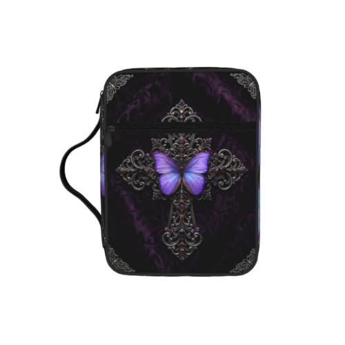 Purple Butterfly Cross Bible Cover Case with Handle and Zippered Pocket - color: Purple Butterfly Cross