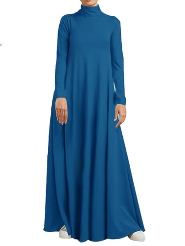 WSPLYSPJY Women High Neck Abaya Muslim Dress Solid Color Prayer Robe - color: Deep Blue, size: Medium