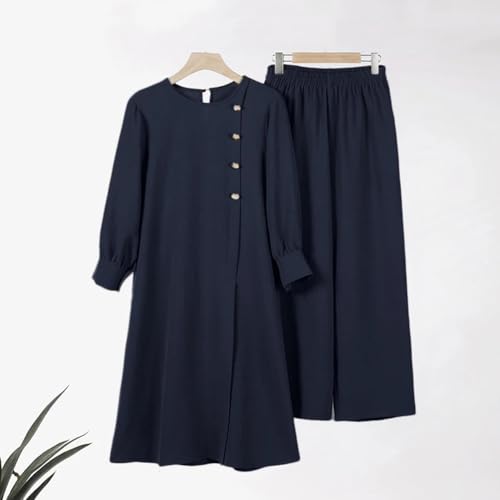 IDOPIP Abaya Dress for Women Muslim Set Long Sleeve Ramadan Islamic Dress Shirt with Pants 2PCS Dubai Prayer Casual Clothes - color: Navy Blue - Split, size: 3X-Large