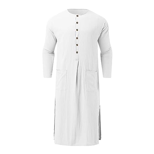 Muslim Thobe for Men Button Down Kaftan Long Sleeve Long Gowns Solid Sleep Shirts Robes with Pockets Side Split - color: White, size: 4X-Large