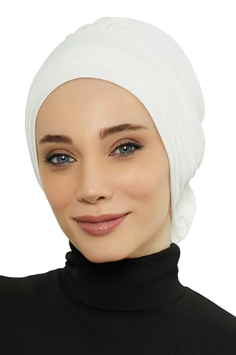 Aisha's Design Instant Turban Head Wraps for Women, Combed Cotton Scarf Lightweight Pre tied Hijab with Back Rose Detail - color: Ivory