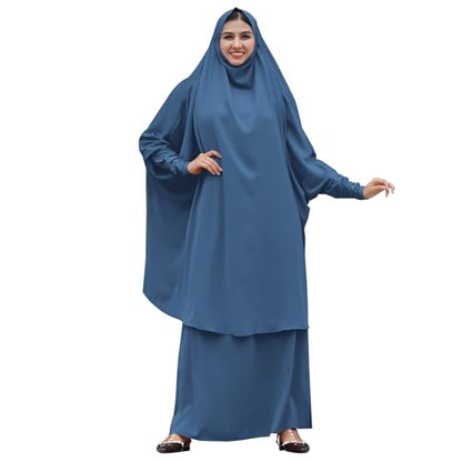 Prayer Clothes for Muslim Women Islamic Abaya Suit Maxi Skirt + Khimar Hijab 2pcss Burka Jilbab Kaftan - color: Blue