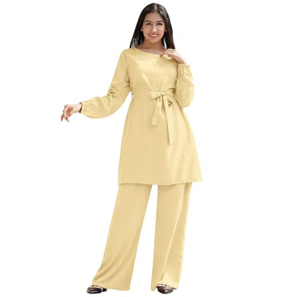 IWEMEK Abayas for Women Muslim Long Sleeve Loose Top Pants 2 Pcs Eid Ramadan Outfits Casual Islamic Muslim Clothes with Belt - color: Yellow, size: Small