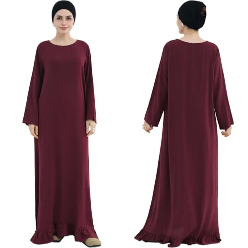2PCS Abayas for Women Muslim Dress Ruffled Hem Modest Prayer Robe Full Coverage Modest Jilbab Set - color: Wine Red, size: Medium