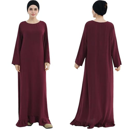 2PCS Abayas for Women Muslim Dress Ruffled Hem Modest Prayer Robe Full Coverage Modest Jilbab Set - color: Wine Red, size: Medium
