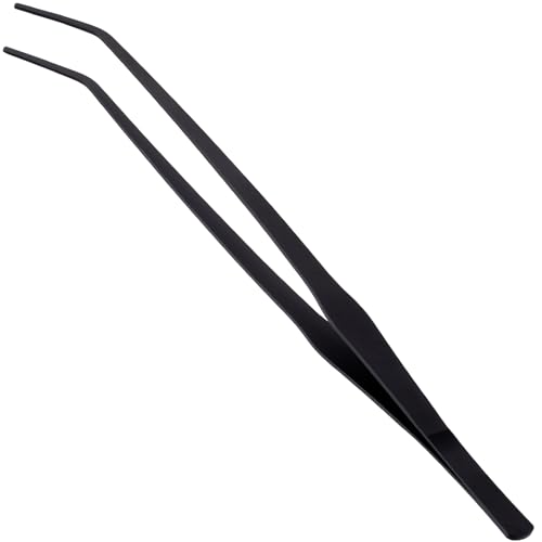 OIIKI 15 Inch Curved Kitchen Tweezers, Stainless Steel Polished Tongs, Long Tweezers with Precision Serrated Tips, Black Aquarium Tweezers, Multi-Function Tongs for Garden, Kitchen, Indoor, Outdoor