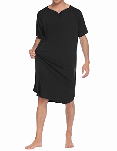Ekouaer Sleepwear Men's Nightshirt Short Sleeve Pajamas Comfy Big & Tall Henley Sleep Shirt M-XXXL - color: Black, size: Medium