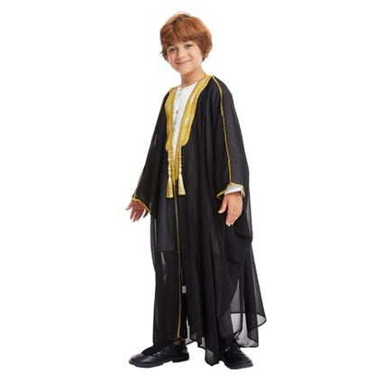 IWEMEK Kids Abaya Arabic Thobe for Boys Muslim Robes Islamic Prayer Clothes Embroidered Chiffon Kaftan Cardigan Dubai Thobe - color: Black, size: 4-5T