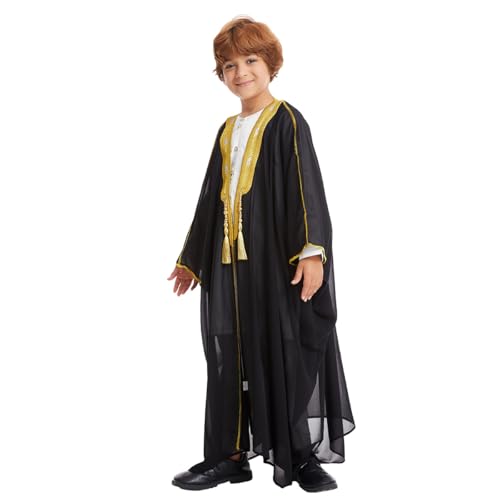 IWEMEK Kids Abaya Arabic Thobe for Boys Muslim Robes Islamic Prayer Clothes Embroidered Chiffon Kaftan Cardigan Dubai Thobe - color: Black, size: 8-10 Years