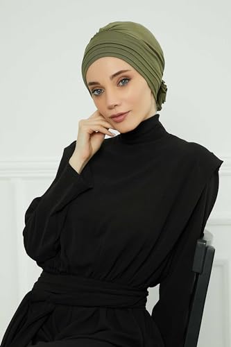 Aisha's Design Instant Turban Head Wraps for Women, Combed Cotton Scarf Lightweight Pre tied Hijab with Back Rose Detail - color: Army Green