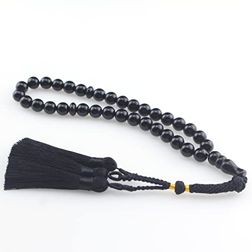 Muslims Islamic Dhikr Tasbeeh Tasbih Prayer Beads, Black Agate 33 Stone Beads with Tassel