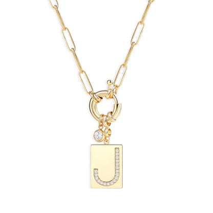Mint & Lily Gold Initial Necklace for Women – 18K Gold Plated 24” Paperclip Chain with Sparkling Letter Pendant - style: Letter: J