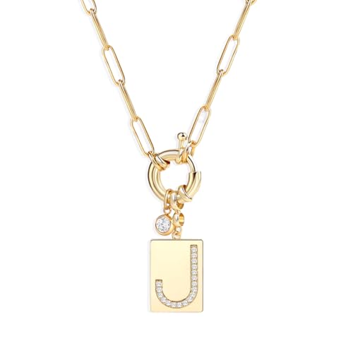 Mint & Lily Gold Initial Necklace for Women – 18K Gold Plated 24” Paperclip Chain with Sparkling Letter Pendant - style: Letter: J