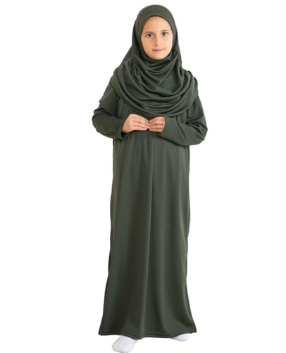 Prien Kids Prayer Dress Muslim Clothes for Girls Long Sleeve Abaya with Hijab Two Piece Maxi Islamic Set Scarf Kaftan Jilbab - color: Khaki