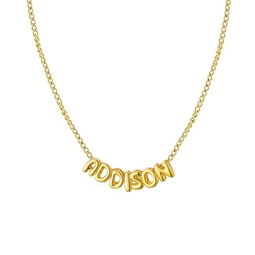 Ldurian Personalized Bubble Name Necklace, Tiny Name Plate Pendant Necklace, 14K Gold Plated Charm Cute Pre-made Jewelry for Women - size: 8 Addison