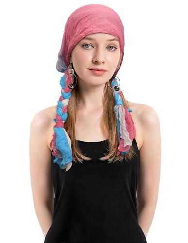 ZLYC Chemo Headwear Long Pre Tied Head Scarf Beanie for Women - color: Braid Pink and Blue