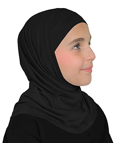 Girls Hijab Muslim Kids Amira 2 piece Instant Head Scarf Easy Pull On Hood & Tube Cap - color: Medium - Black, size: Medium