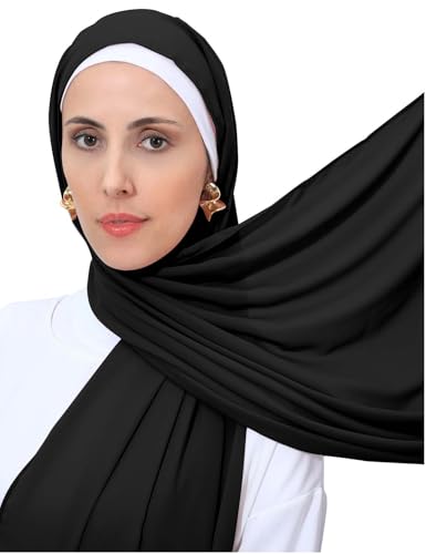 Heavy Not Easily See Through Long Chiffon Hijab Scarf for Women, Amazing Smooth Muslim Head Scarves - color: Black