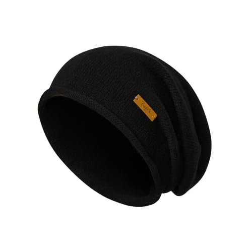100% Merino Wool Slouchy Beanie Hat, Women Warm Winter Caps Soft, Ladies Breathable & Cozy Stretchy Knitted Skull Cap - color: Black