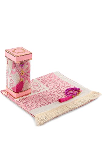 Muslim Prayer Rug and Prayer Beads with Elegant Gift Box | Janamaz | Sajadah | Soft Islamic Prayer Rug | Islamic Gifts Set | Prayer Carpet Mat, Taffeta Fabric, Pink - color: Pink