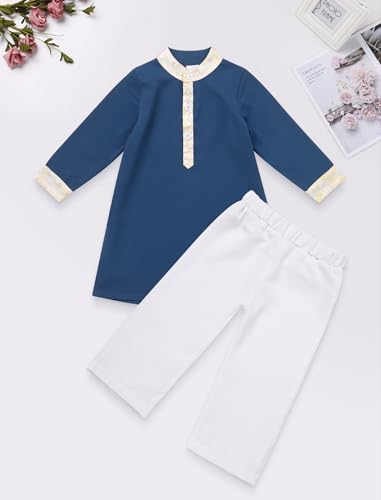 IWEMEK 2PCS Baby 1st Ramadan Outfit Muslim Clothes for Baby Boys Thobe Eid Robe Pants Set Toddler Kaftan Islamic Prayer Abaya - color: Navy Blue, size: 6-12 Months