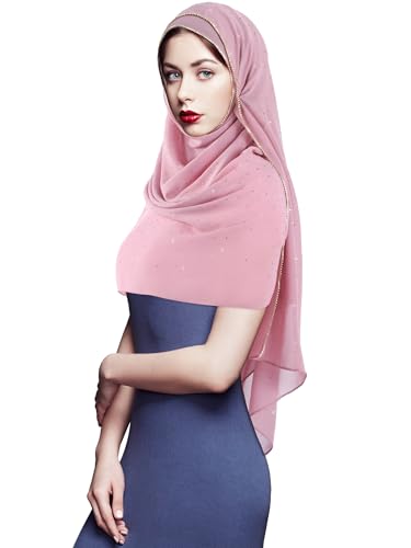 Geyoga Hijab Scarf for Women Soft Chiffon Rhinestone Long Scarf Shawl Fashion Muslim Hijab Head Wrap Scarves - color: Pink
