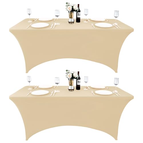 2-Pack 6ft Spandex Table Covers for Rectangle Standard Folding Tables - Wrinkle Resistant Stretch Tablecloths - Ultimate Fitted Table Protector for Parties, Trade Shows, Banquet - color: Champagne, size: 6-foot | 2-pack
