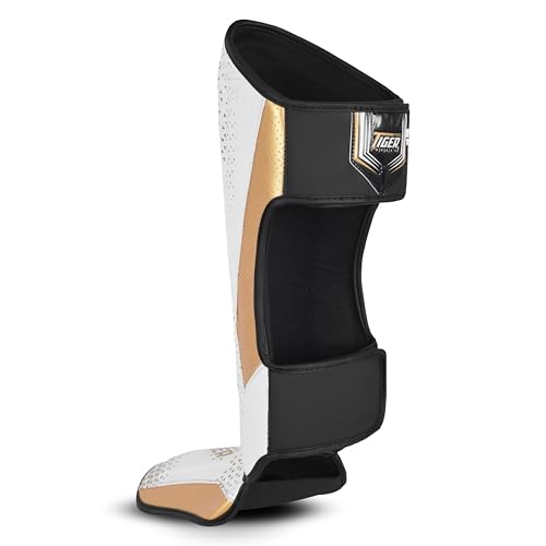Shin Guards MMA, Muay Thai, Kickboxing, Leg Instep Protection Pads, Kicking, Sparring, Training Gear, Karate, Boxing, Taekwondo - Unisex - Black and White Colors - color: White/Gold, size: Small