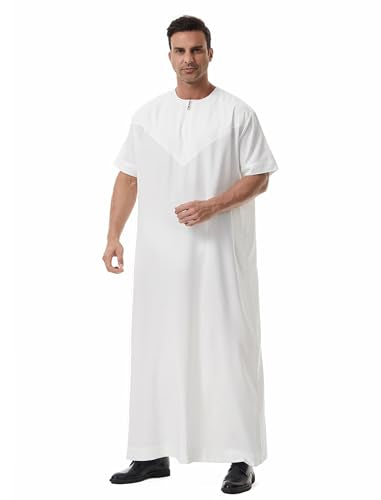 Muslim Men Abaya Short Sleeve Kaftan Islamic Arab Robe Men Dishdasha Zipper Robe Ethnic Clothes Dubai Travel Thobe - color: White, size: X-Large