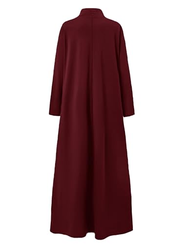 WSPLYSPJY Women High Neck Abaya Muslim Dress Solid Color Prayer Robe - color: Wine Red, size: X-Large